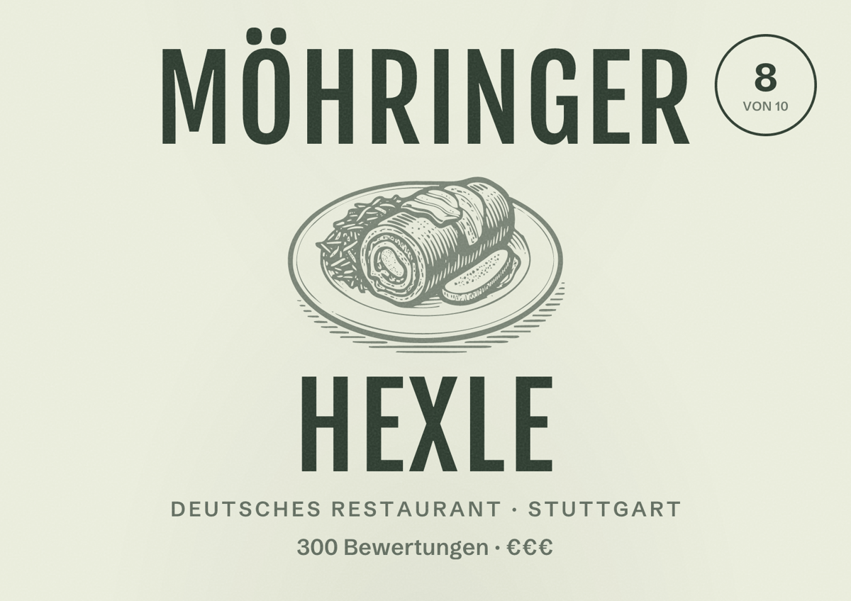 Illustriertes Poster von Möhringer Hexle, Deutsches Restaurant in Stuttgart: Bewertung 8,0 von 10 aus 300 Bewertungen, Preisniveau €€€