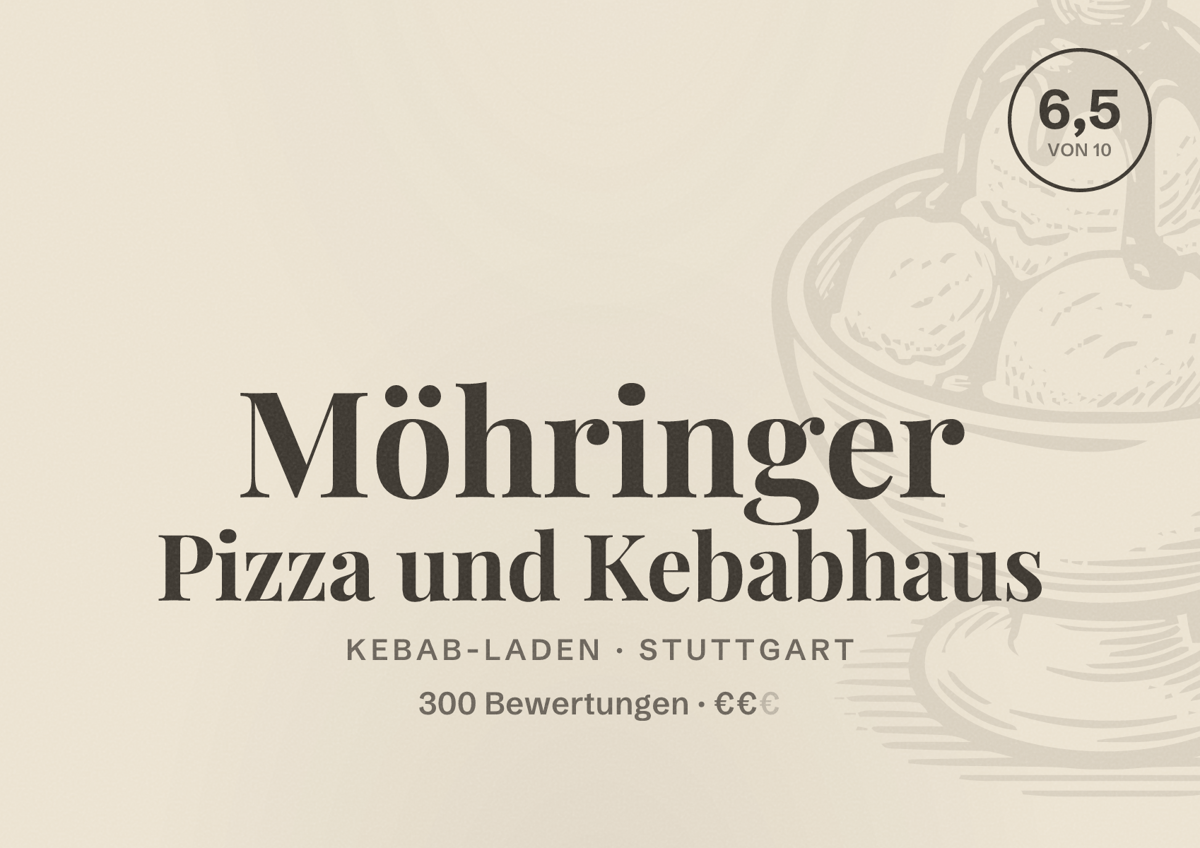 Illustriertes Poster von Möhringer Pizza und Kebabhaus, Kebab-Laden in Stuttgart: Bewertung 6,5 von 10 aus 300 Bewertungen, Preisniveau €€