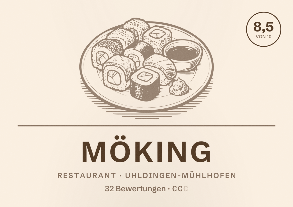Illustriertes Poster von Möking, Restaurant in Uhldingen-Mühlhofen: Bewertung 8,5 von 10 aus 32 Bewertungen, Preisniveau €€