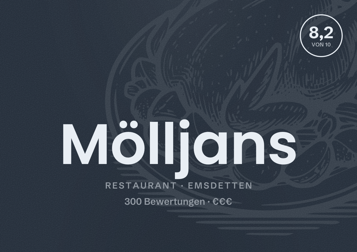 Illustriertes Poster von Mölljans, Restaurant in Emsdetten: Bewertung 8,2 von 10 aus 300 Bewertungen, Preisniveau €€€