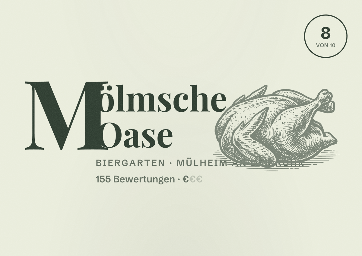 Illustriertes Poster von Mölmsche Oase, Biergarten in Mülheim an der Ruhr: Bewertung 8 von 10 aus 155 Bewertungen, Preisniveau €