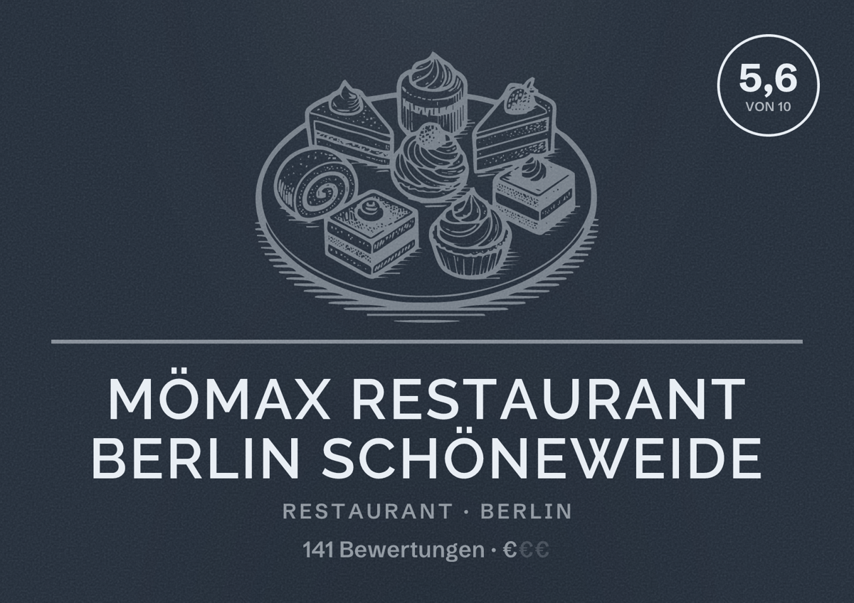 Illustriertes Poster von mömax Restaurant Berlin Schöneweide, Restaurant in Berlin: Bewertung 5,6 von 10 aus 141 Bewertungen, Preisniveau €