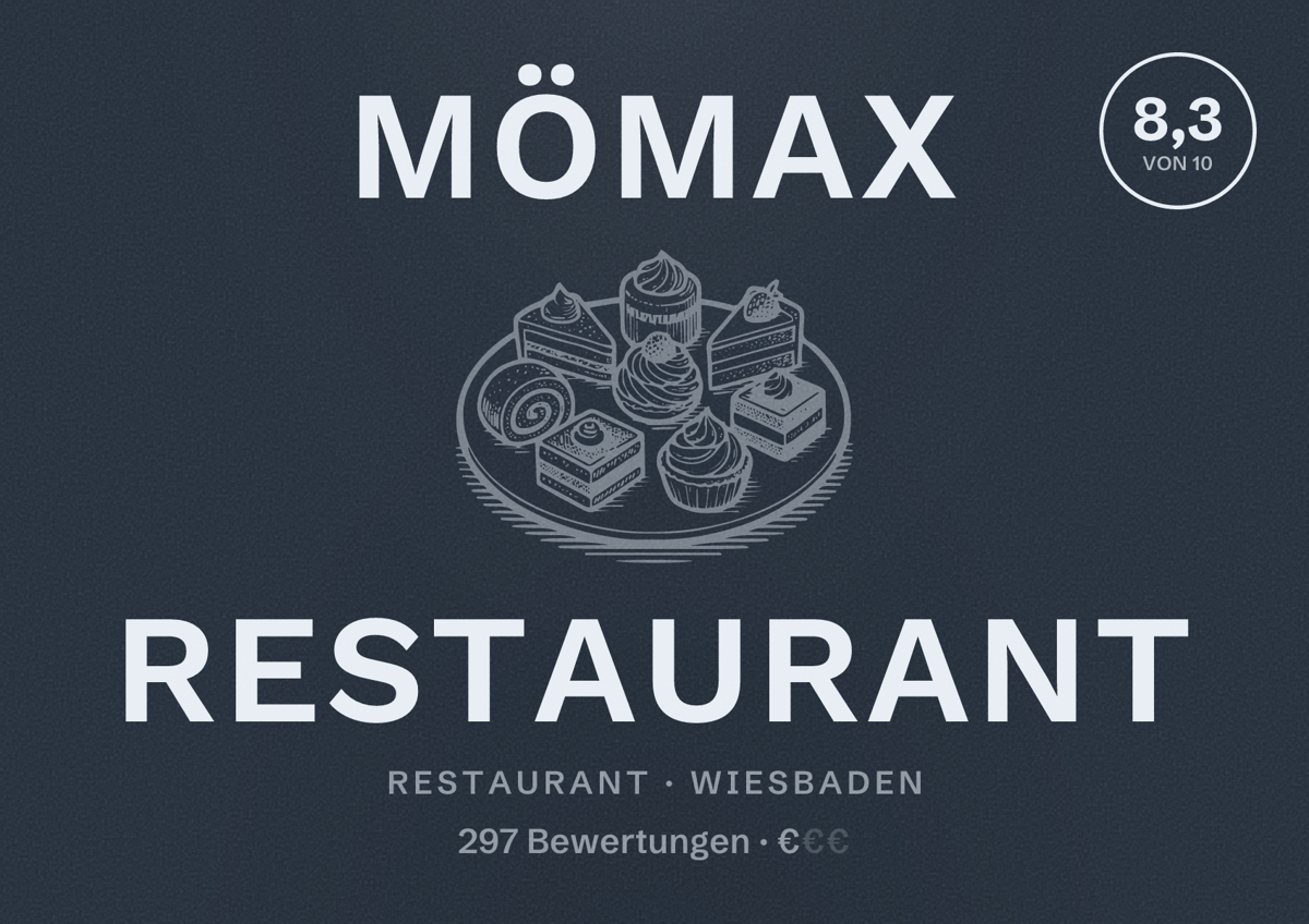 Illustriertes Poster von mömax Restaurant, Restaurant in Wiesbaden: Bewertung 8,3 von 10 aus 297 Bewertungen, Preisniveau €