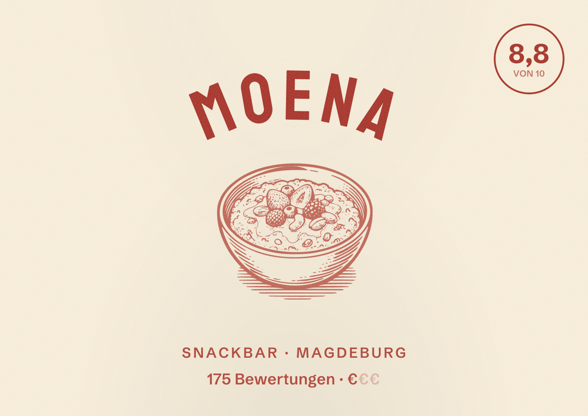 Illustriertes Poster von Moena, Snackbar in Magdeburg: Bewertung 8,8 von 10 aus 175 Bewertungen, Preisniveau €