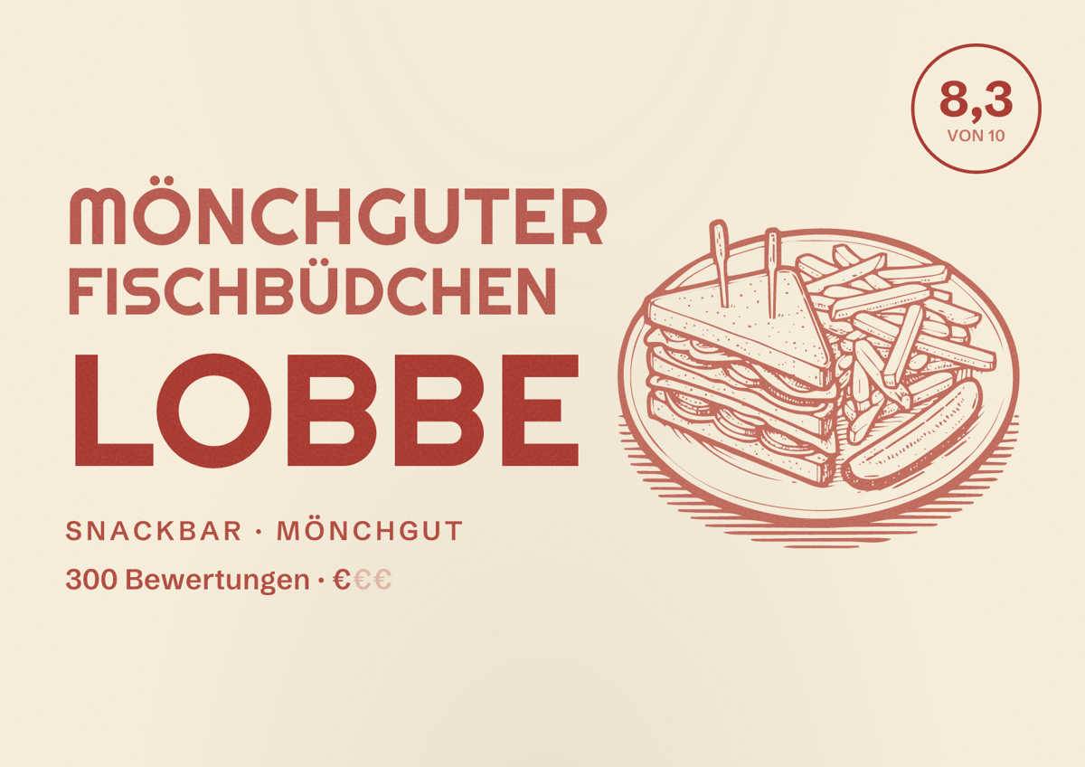 Illustriertes Poster von Mönchguter Fischbüdchen Lobbe, Snackbar in Mönchgut: Bewertung 8,3 von 10 aus 300 Bewertungen, Preisniveau €
