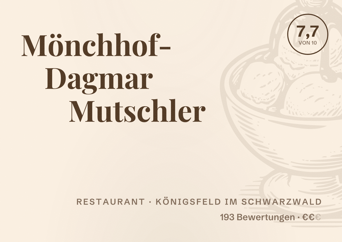 Illustriertes Poster von Mönchhof- Dagmar Mutschler, Restaurant in Königsfeld im Schwarzwald: Bewertung 7,7 von 10 aus 193 Bewertungen, Preisniveau €€