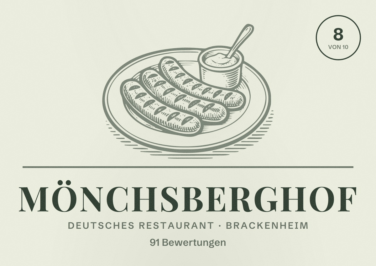 Illustriertes Poster von Mönchsberghof, Deutsches Restaurant in Brackenheim: Bewertung 8 von 10 aus 91 Bewertungen