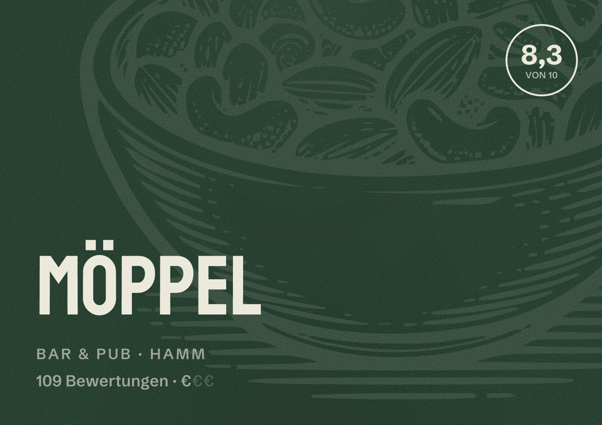 Illustriertes Poster von Möppel, Bar & Pub in Hamm: Bewertung 8,3 von 10 aus 109 Bewertungen, Preisniveau €