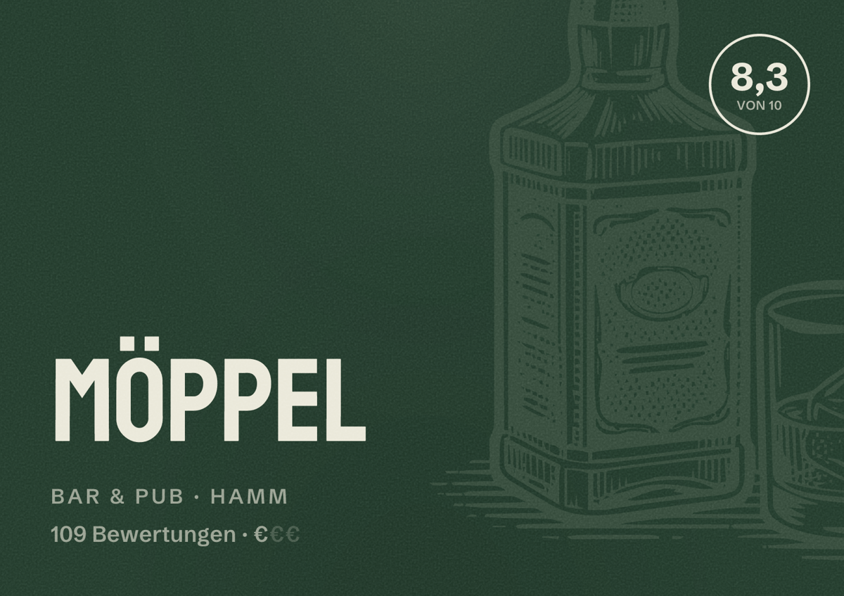 Illustriertes Poster von Möppel, Bar & Pub in Hamm: Bewertung 8,3 von 10 aus 109 Bewertungen, Preisniveau €