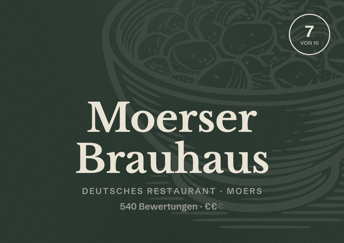 Illustriertes Poster von Moerser Brauhaus, Deutsches Restaurant in Moers: Bewertung 7 von 10 aus 540 Bewertungen, Preisniveau €€