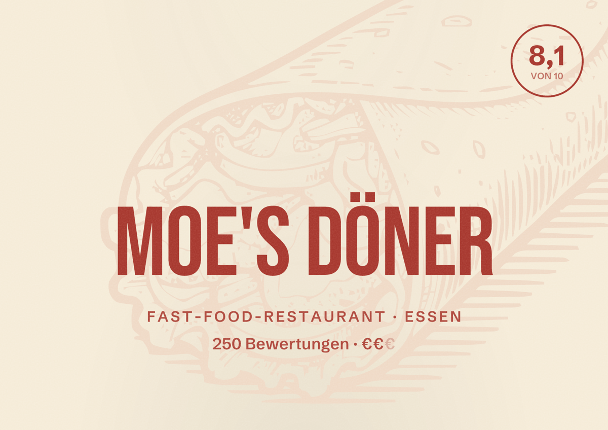 Illustriertes Poster von Moe's Döner, Fast-Food-Restaurant in Essen: Bewertung 8,1 von 10 aus 250 Bewertungen, Preisniveau €€