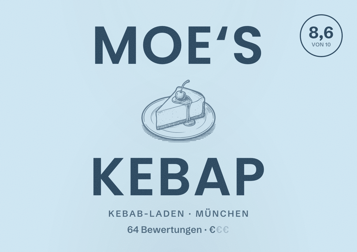 Illustriertes Poster von Moe‘s Kebap, Kebab-Laden in München: Bewertung 8,6 von 10 aus 64 Bewertungen, Preisniveau €
