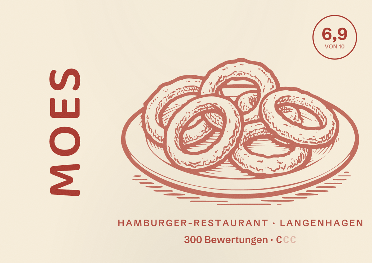 Illustriertes Poster von Moes, Hamburger-Restaurant in Langenhagen: Bewertung 6,9 von 10 aus 300 Bewertungen, Preisniveau €