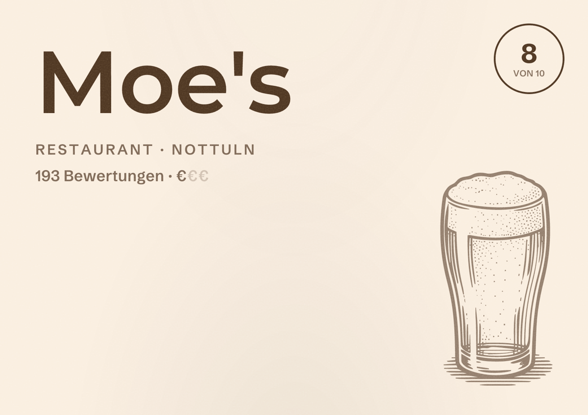 Illustriertes Poster von Moe's, Restaurant in Nottuln: Bewertung 8 von 10 aus 193 Bewertungen, Preisniveau €