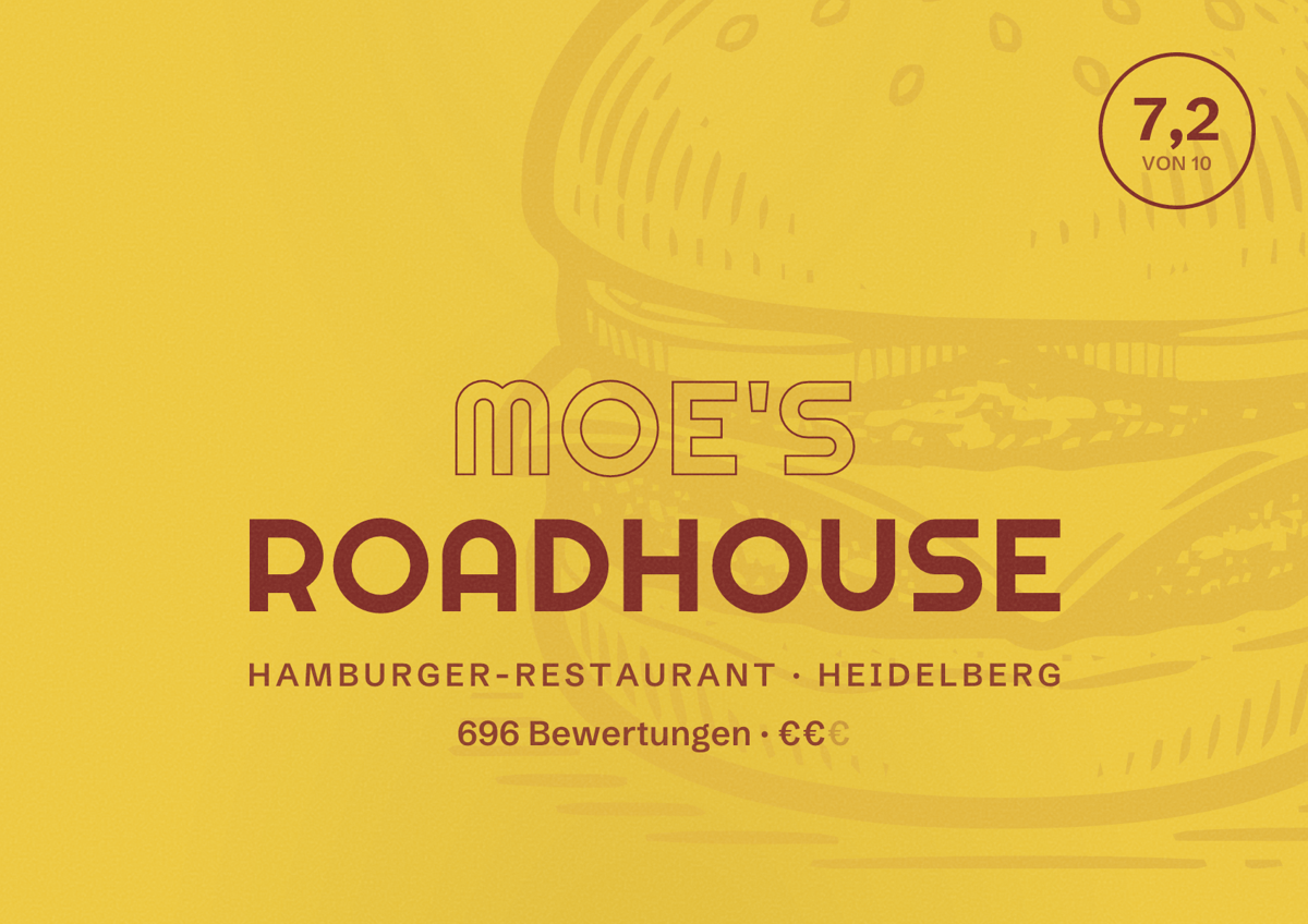 Illustriertes Poster von Moe's Roadhouse, Hamburger-Restaurant in Heidelberg: Bewertung 7,2 von 10 aus 696 Bewertungen, Preisniveau €€