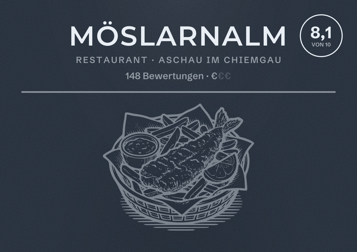 Illustriertes Poster von Möslarnalm, Restaurant in Aschau im Chiemgau: Bewertung 8,1 von 10 aus 148 Bewertungen, Preisniveau €