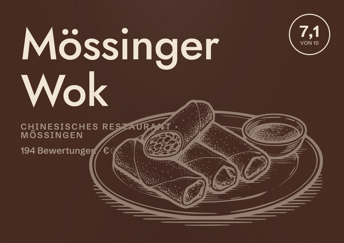 Illustriertes Poster von Mössinger Wok, Chinesisches Restaurant in Mössingen: Bewertung 7,1 von 10 aus 194 Bewertungen, Preisniveau €