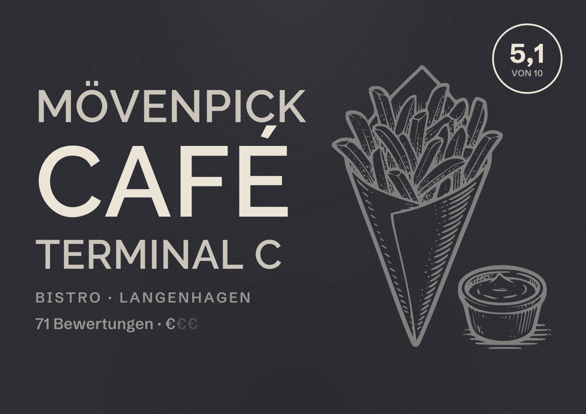 Illustriertes Poster von Mövenpick Café Terminal C, Bistro in Langenhagen: Bewertung 5,1 von 10 aus 71 Bewertungen, Preisniveau €