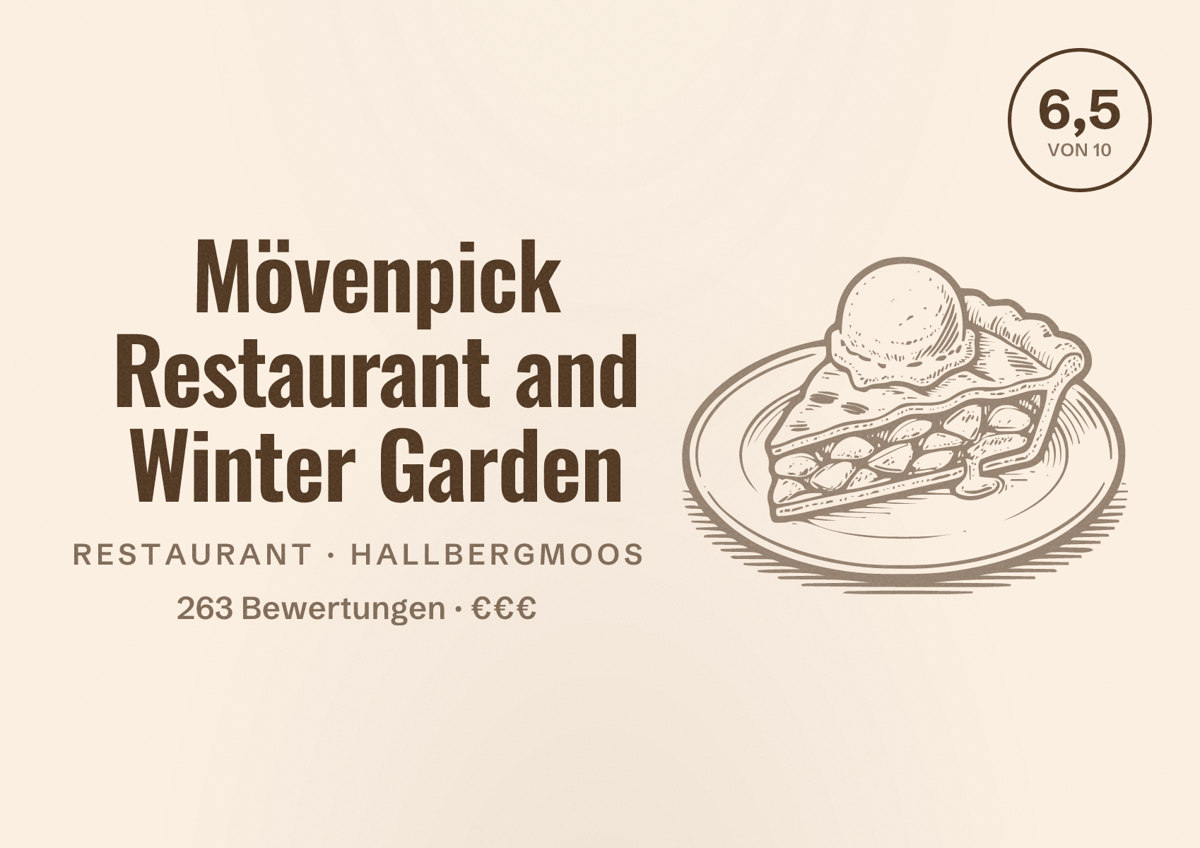 Illustriertes Poster von Mövenpick Restaurant and Winter Garden, Restaurant in Hallbergmoos: Bewertung 6,5 von 10 aus 263 Bewertungen, Preisniveau €€€