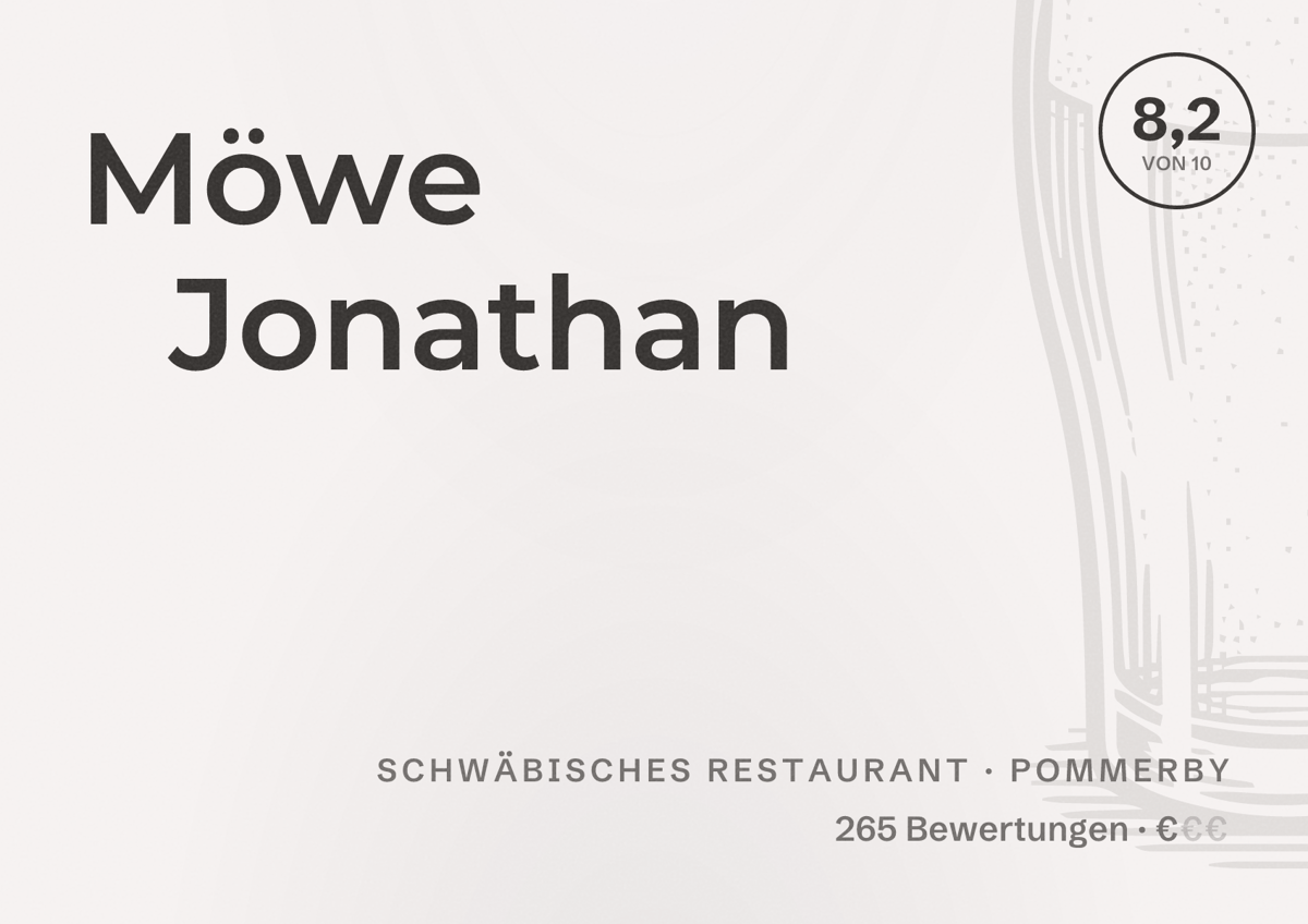 Illustriertes Poster von Möwe Jonathan, Schwäbisches Restaurant in Pommerby: Bewertung 8,2 von 10 aus 265 Bewertungen, Preisniveau €