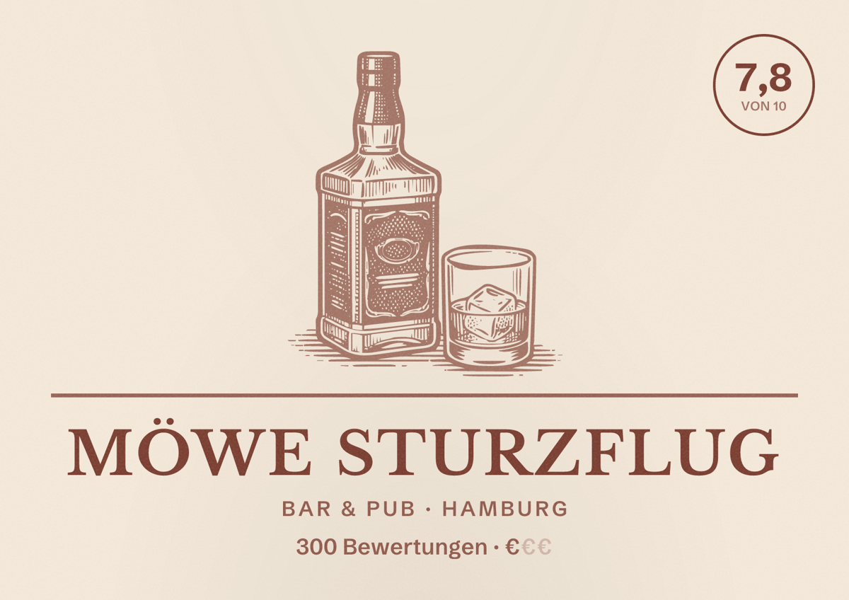 Illustriertes Poster von Möwe Sturzflug, Bar & Pub in Hamburg: Bewertung 7,8 von 10 aus 300 Bewertungen, Preisniveau €