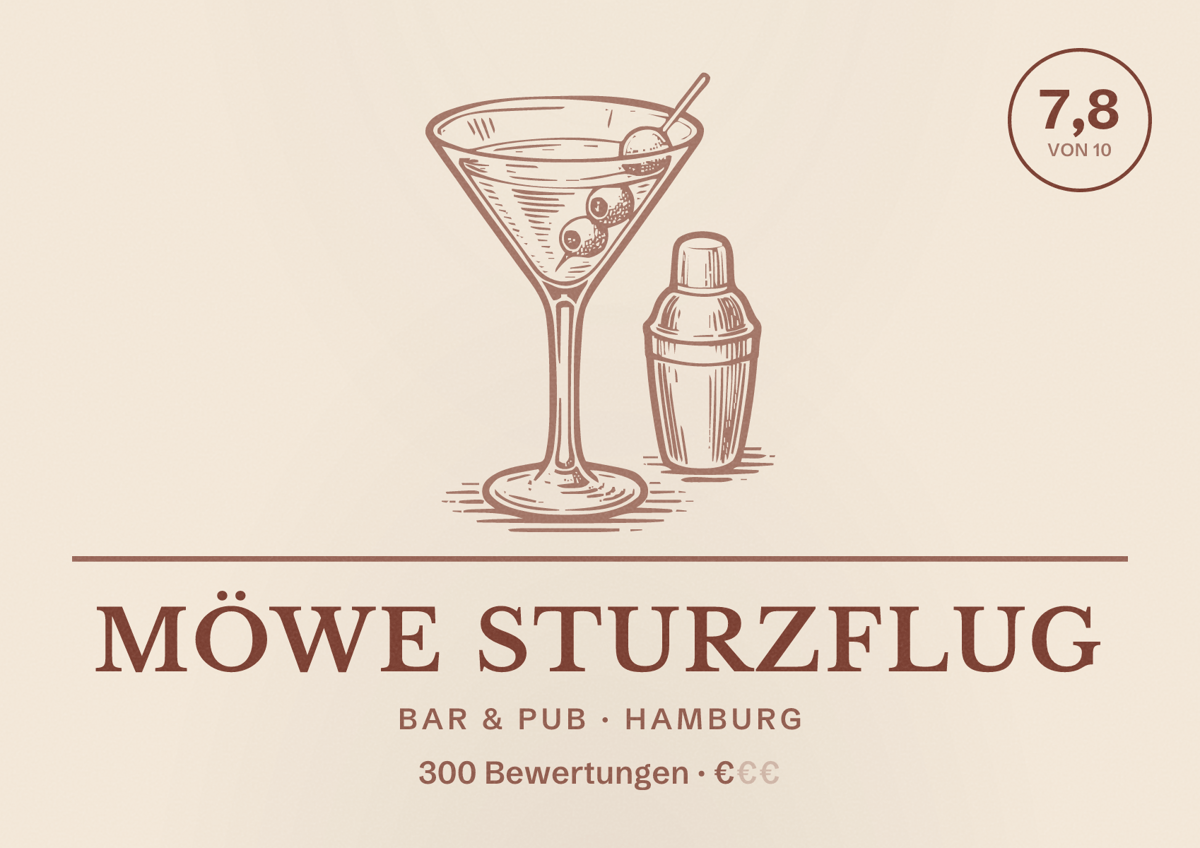 Illustriertes Poster von Möwe Sturzflug, Bar & Pub in Hamburg: Bewertung 7,8 von 10 aus 300 Bewertungen, Preisniveau €