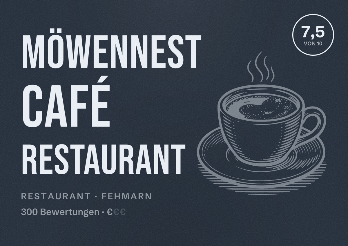 Illustriertes Poster von Möwennest Café Restaurant, Restaurant in Fehmarn: Bewertung 7,5 von 10 aus 300 Bewertungen, Preisniveau €