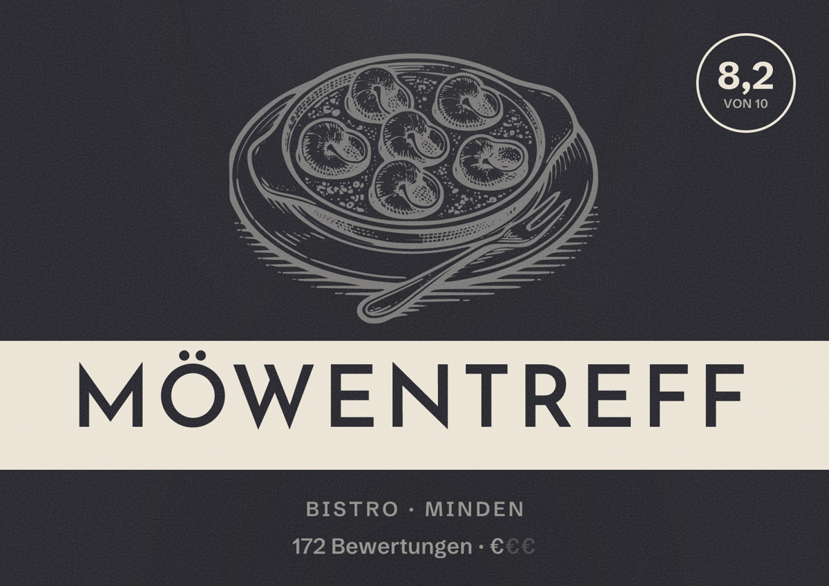Illustriertes Poster von Möwentreff, Bistro in Minden: Bewertung 8,2 von 10 aus 172 Bewertungen, Preisniveau €