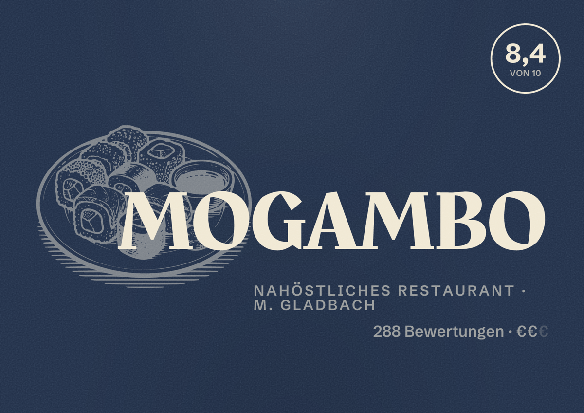 Illustriertes Poster von MOGAMBO, Nahöstliches Restaurant in M. Gladbach: Bewertung 8,4 von 10 aus 288 Bewertungen, Preisniveau €€