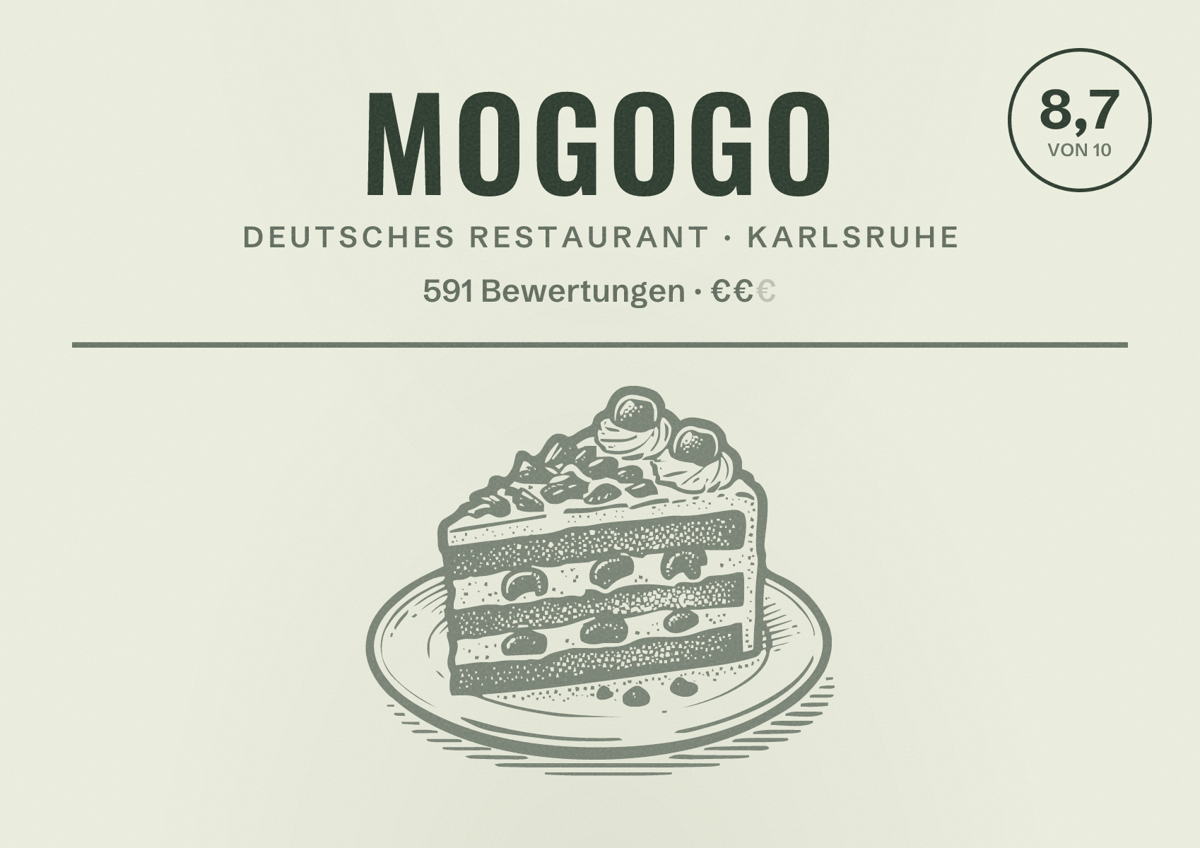 Illustriertes Poster von Mogogo, Deutsches Restaurant in Karlsruhe: Bewertung 8,7 von 10 aus 591 Bewertungen, Preisniveau €€