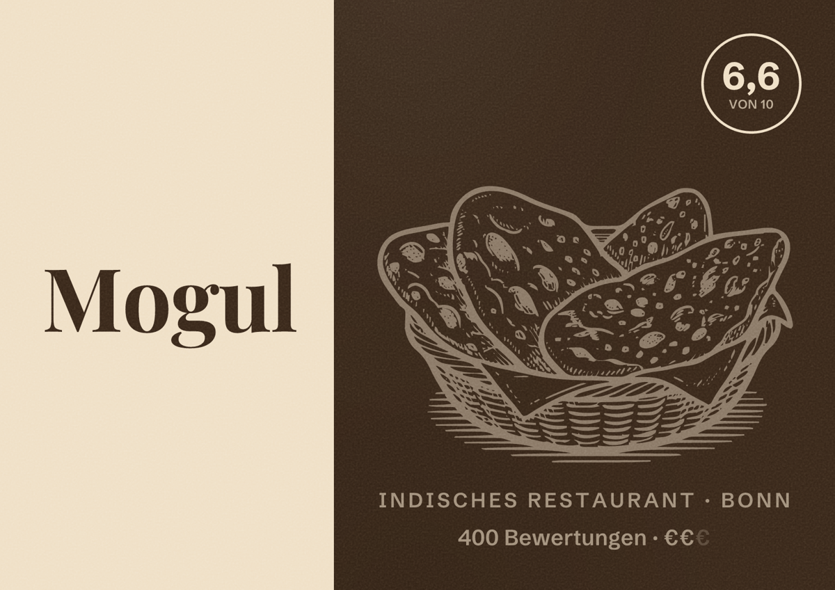 Illustriertes Poster von Mogul, Indisches Restaurant in Bonn: Bewertung 6,6 von 10 aus 400 Bewertungen, Preisniveau €€