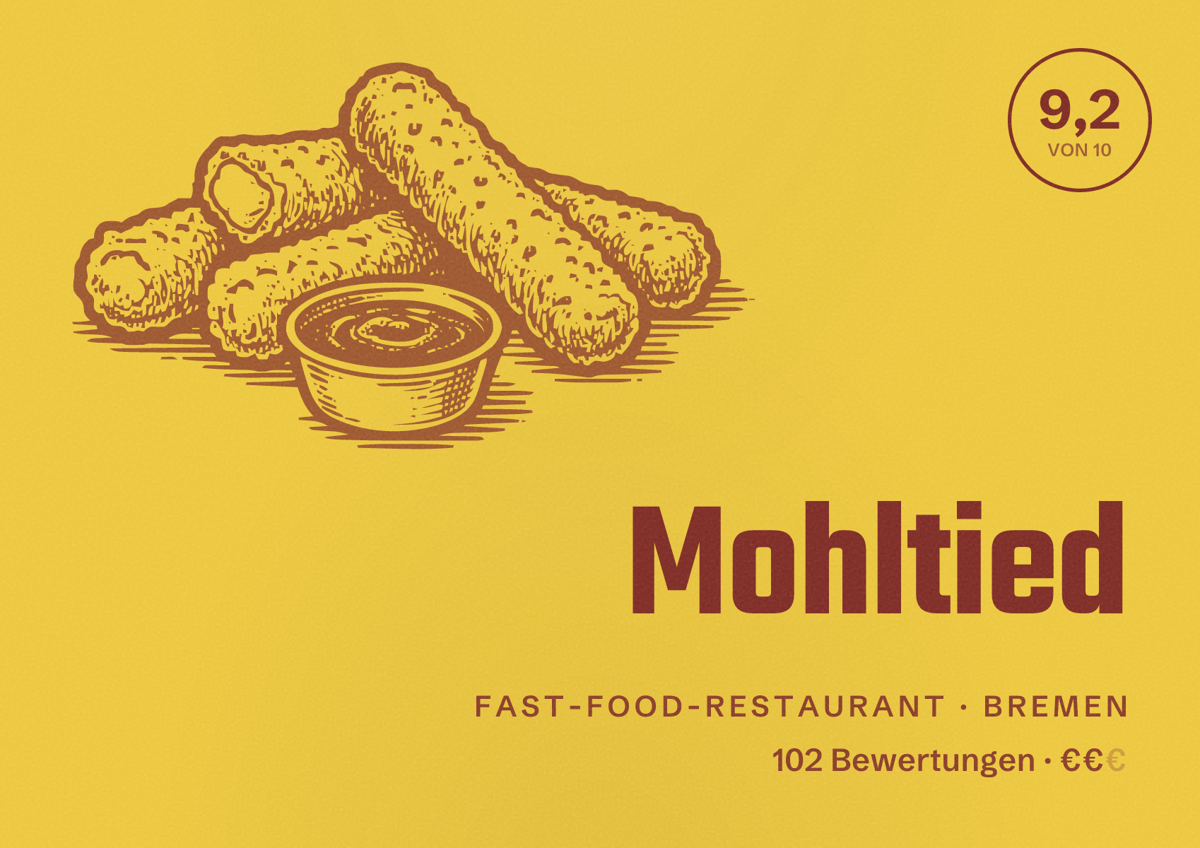 Illustriertes Poster von Mohltied, Fast-Food-Restaurant in Bremen: Bewertung 9,2 von 10 aus 102 Bewertungen, Preisniveau €€