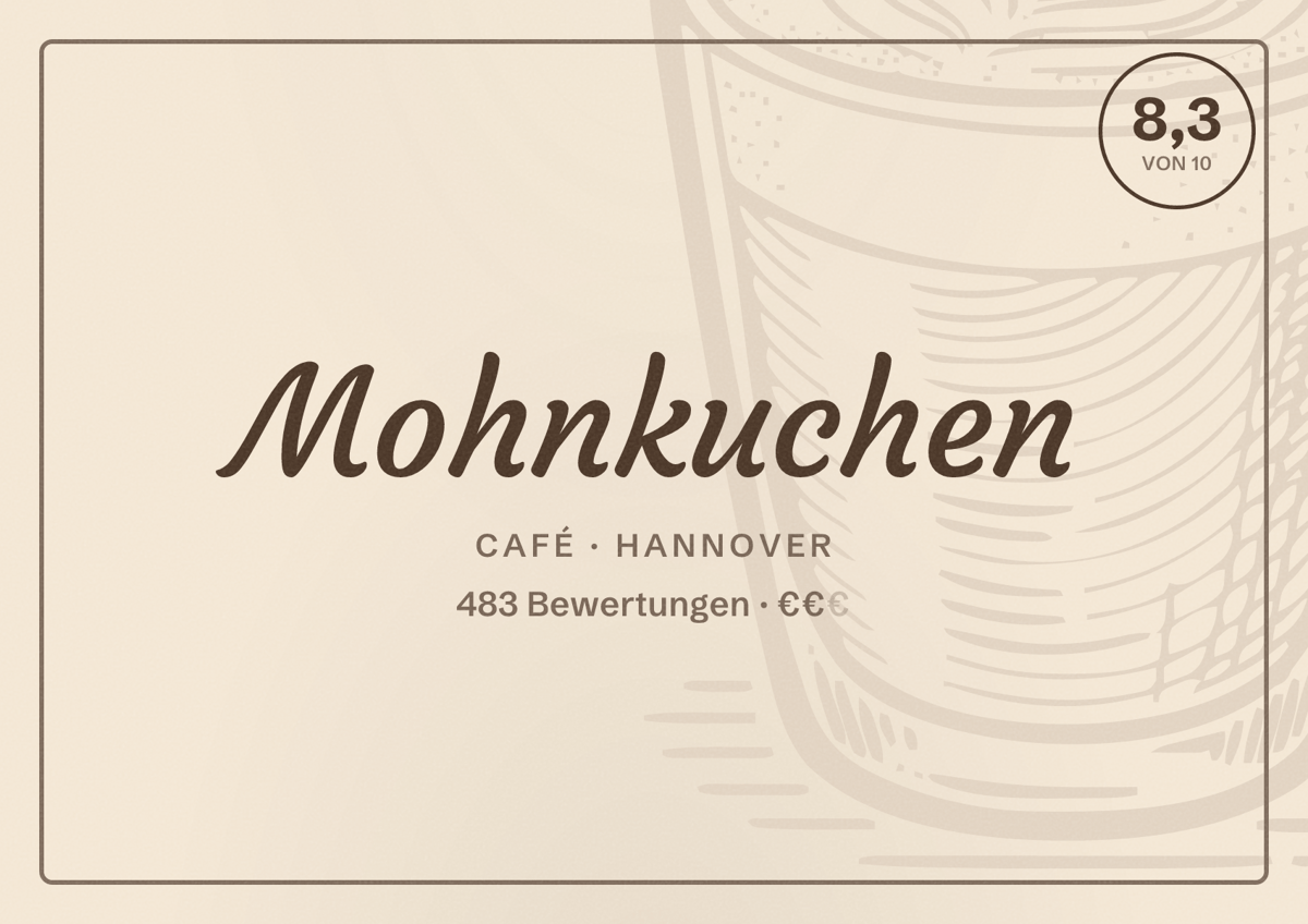 Illustriertes Poster von Mohnkuchen, Café in Hannover: Bewertung 8,3 von 10 aus 483 Bewertungen, Preisniveau €€