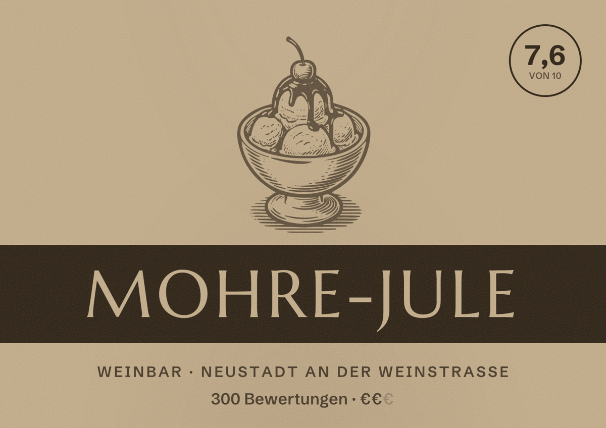 Illustriertes Poster von Mohre-Jule, Weinbar in Neustadt an der Weinstraße: Bewertung 7,6 von 10 aus 300 Bewertungen, Preisniveau €€
