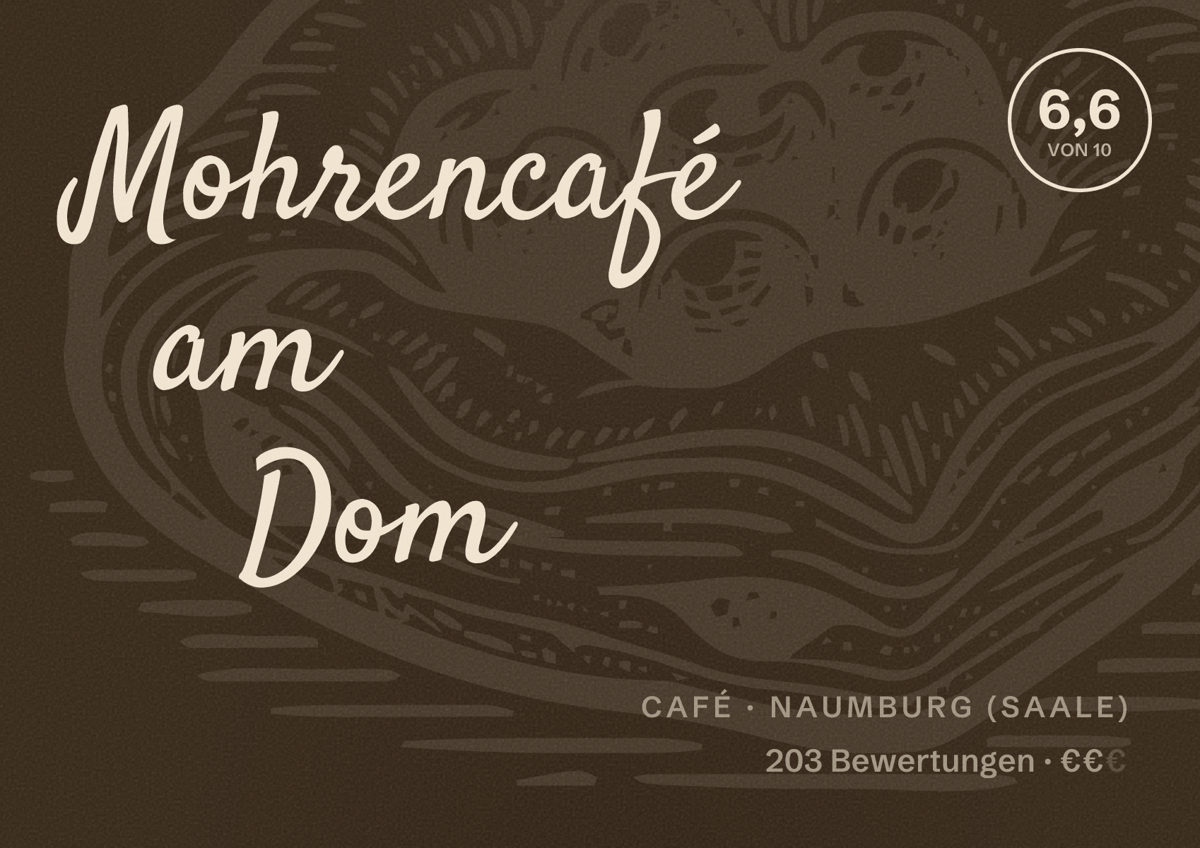 Illustriertes Poster von Mohrencafé am Dom, Café in Naumburg (Saale): Bewertung 6,6 von 10 aus 203 Bewertungen, Preisniveau €€
