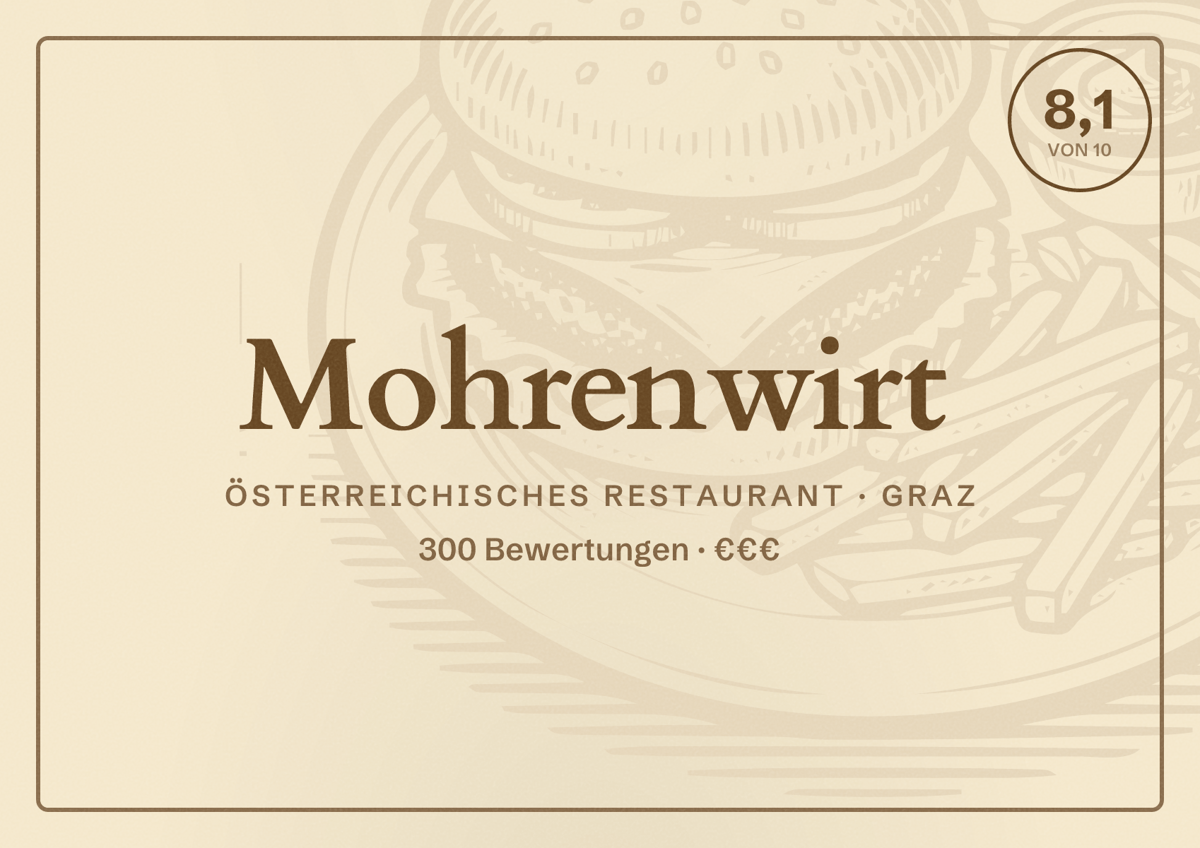 Illustriertes Poster von Mohrenwirt, Österreichisches Restaurant in Graz: Bewertung 8,1 von 10 aus 300 Bewertungen, Preisniveau €€€