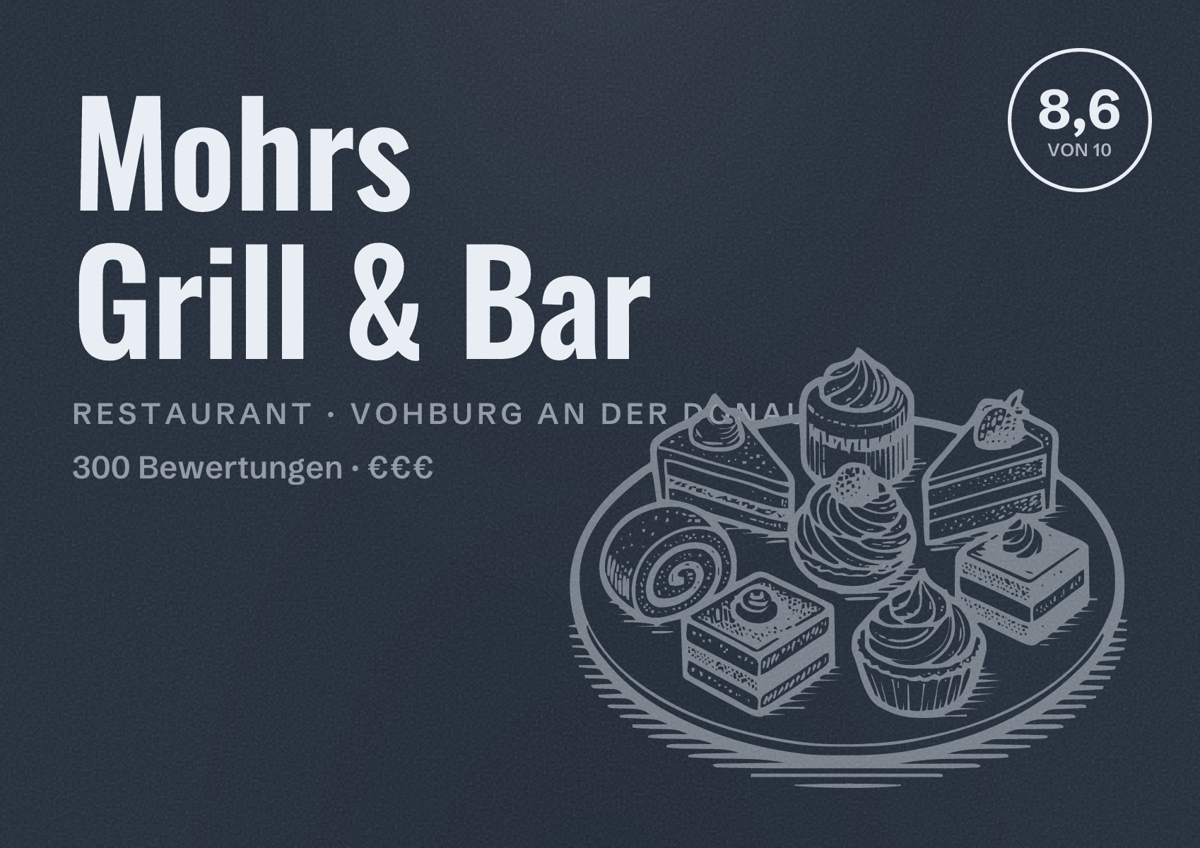 Illustriertes Poster von Mohrs Grill & Bar, Restaurant in Vohburg an der Donau: Bewertung 8,6 von 10 aus 300 Bewertungen, Preisniveau €€€