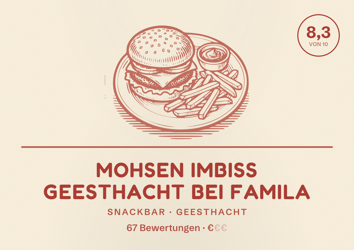 Illustriertes Poster von Mohsen Imbiss Geesthacht bei Famila, Snackbar in Geesthacht: Bewertung 8,3 von 10 aus 67 Bewertungen, Preisniveau €