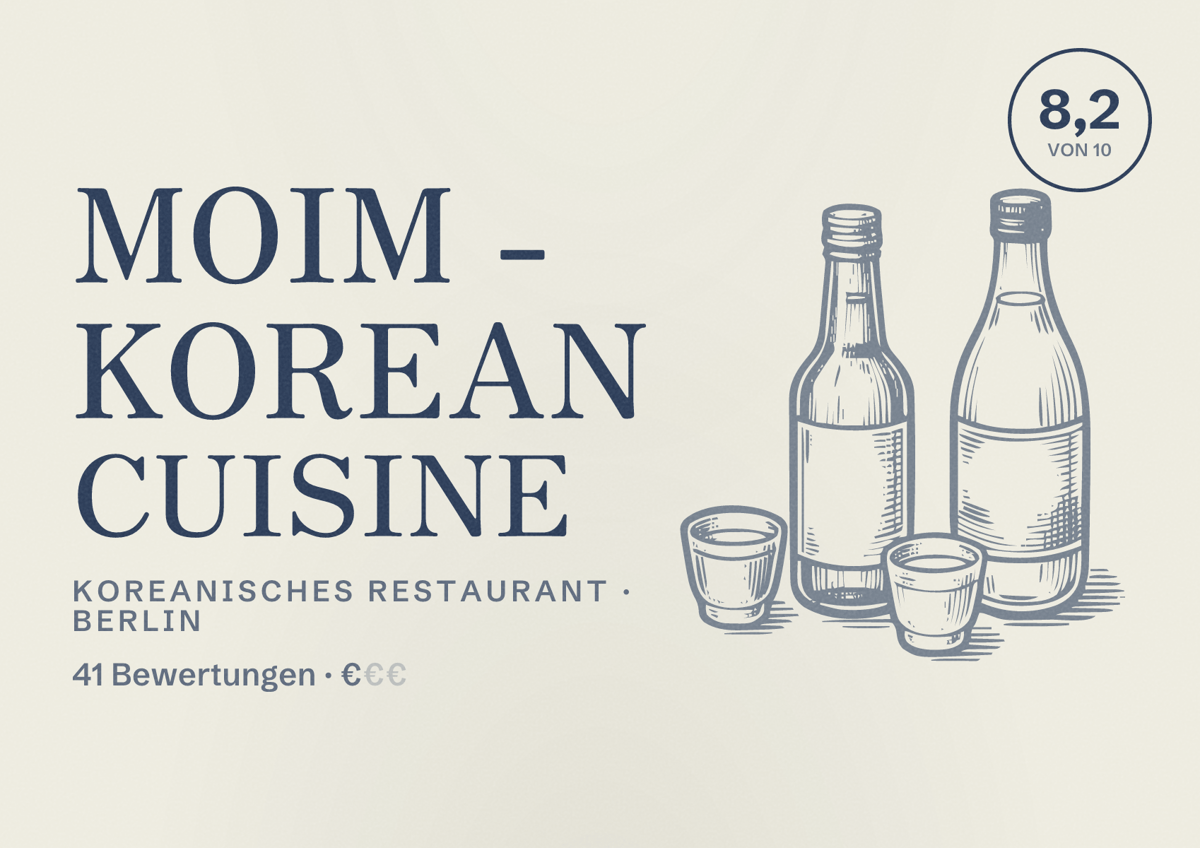 Illustriertes Poster von Moim - Korean Cuisine, Koreanisches Restaurant in Berlin: Bewertung 8,2 von 10 aus 41 Bewertungen, Preisniveau €
