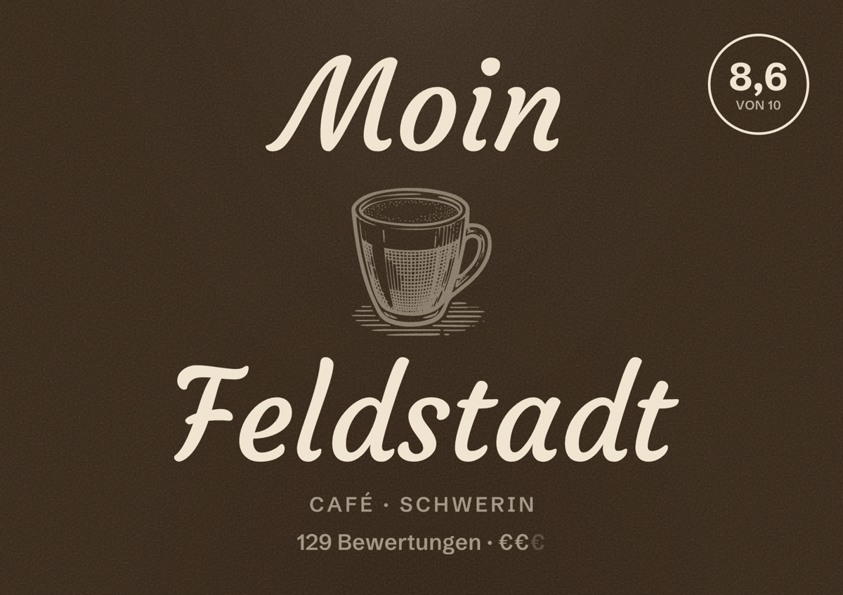 Illustriertes Poster von Moin Feldstadt, Café in Schwerin: Bewertung 8,6 von 10 aus 129 Bewertungen, Preisniveau €€