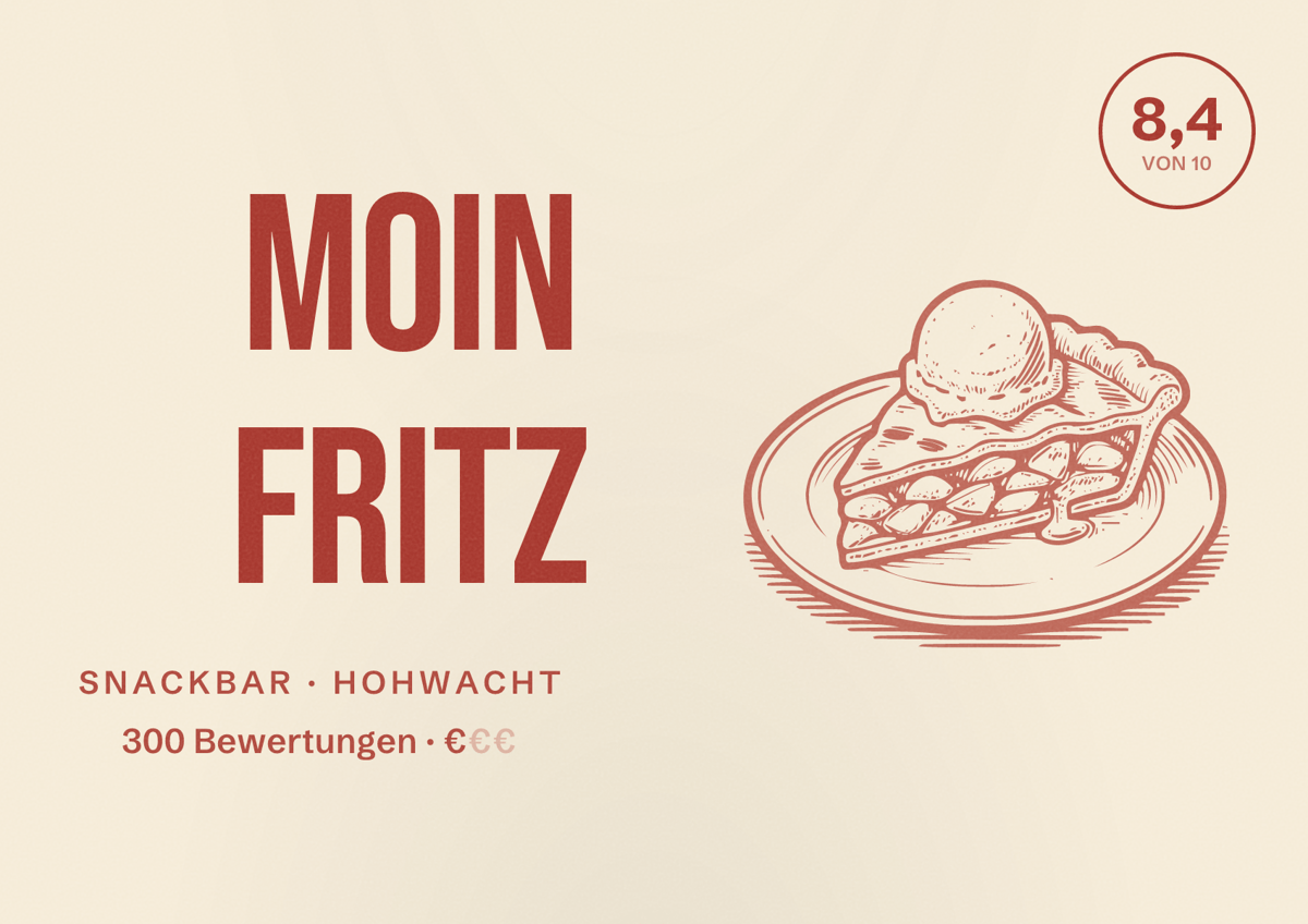 Illustriertes Poster von Moin Fritz, Snackbar in Hohwacht: Bewertung 8,4 von 10 aus 300 Bewertungen, Preisniveau €