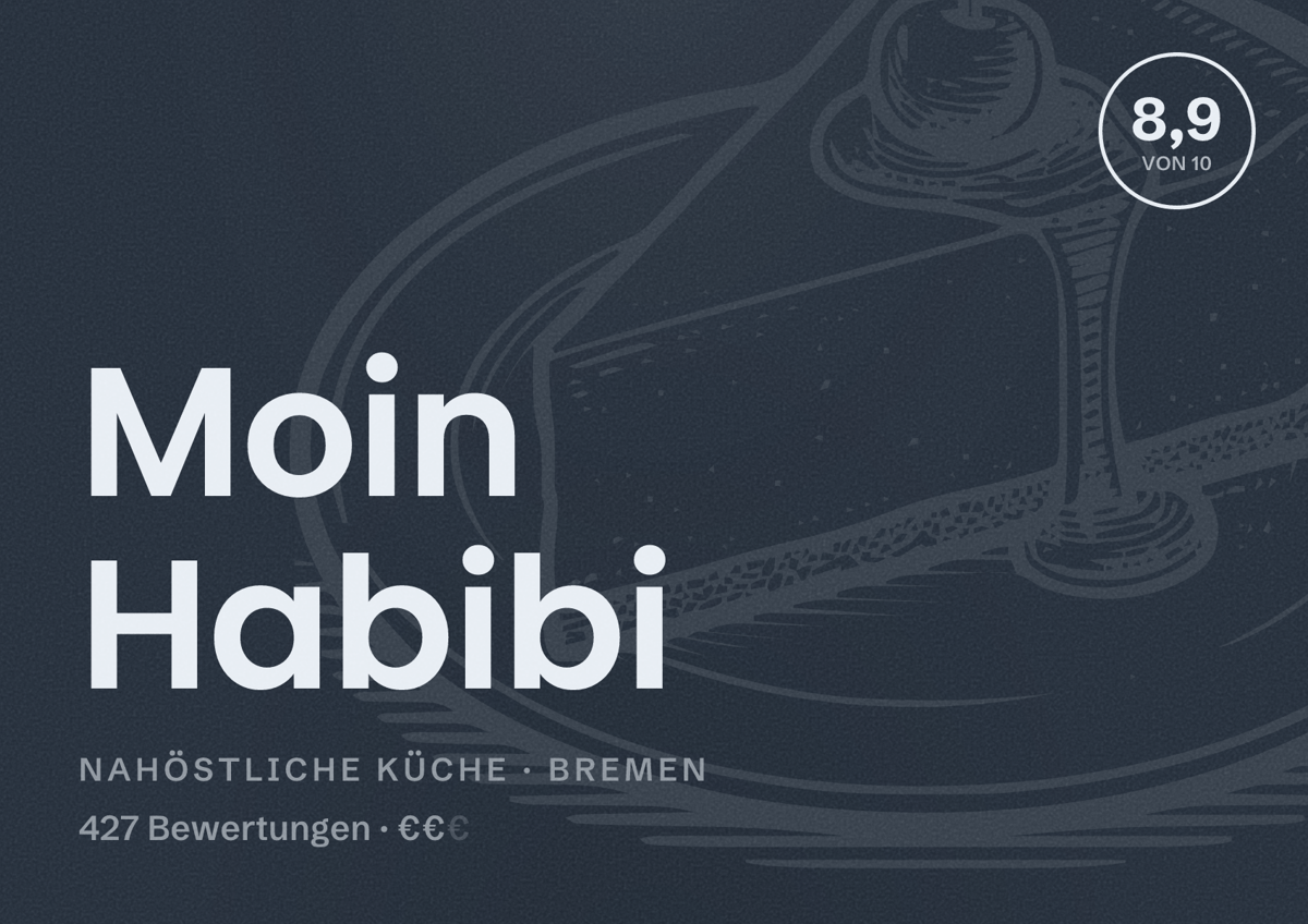 Illustriertes Poster von Moin Habibi, Nahöstliche Küche in Bremen: Bewertung 8,9 von 10 aus 427 Bewertungen, Preisniveau €€