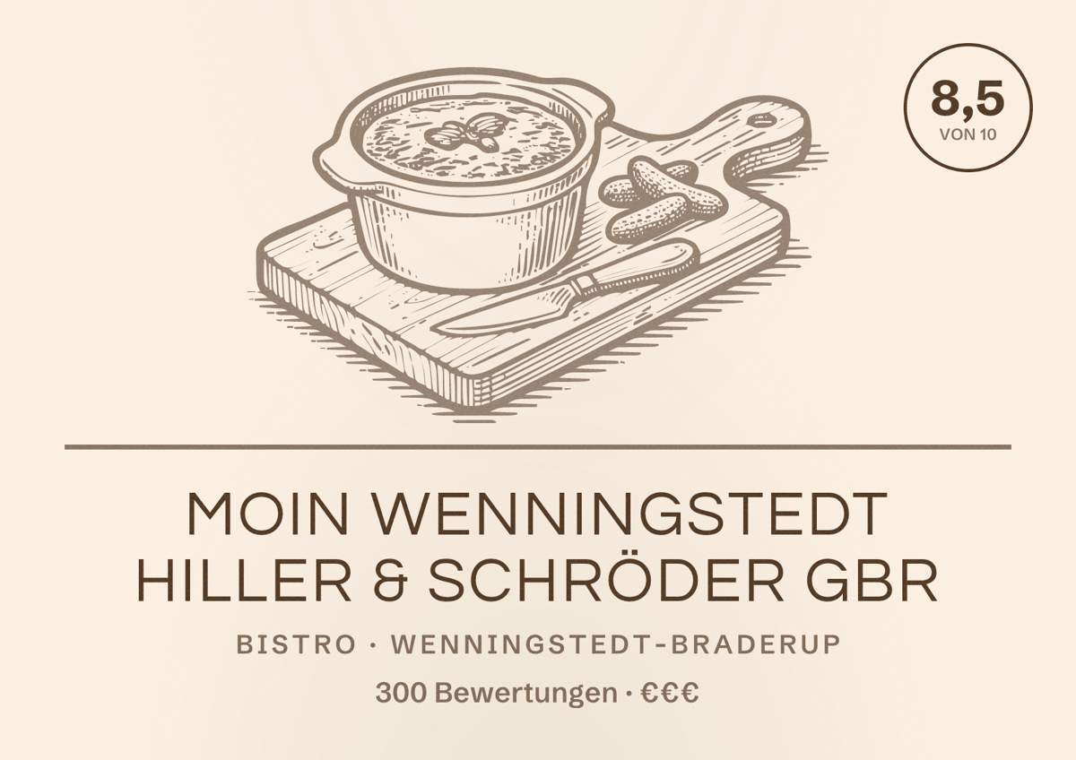 Illustriertes Poster von MOIN Wenningstedt Hiller & Schröder GbR, Bistro in Wenningstedt-Braderup: Bewertung 8,5 von 10 aus 300 Bewertungen, Preisniveau €€€