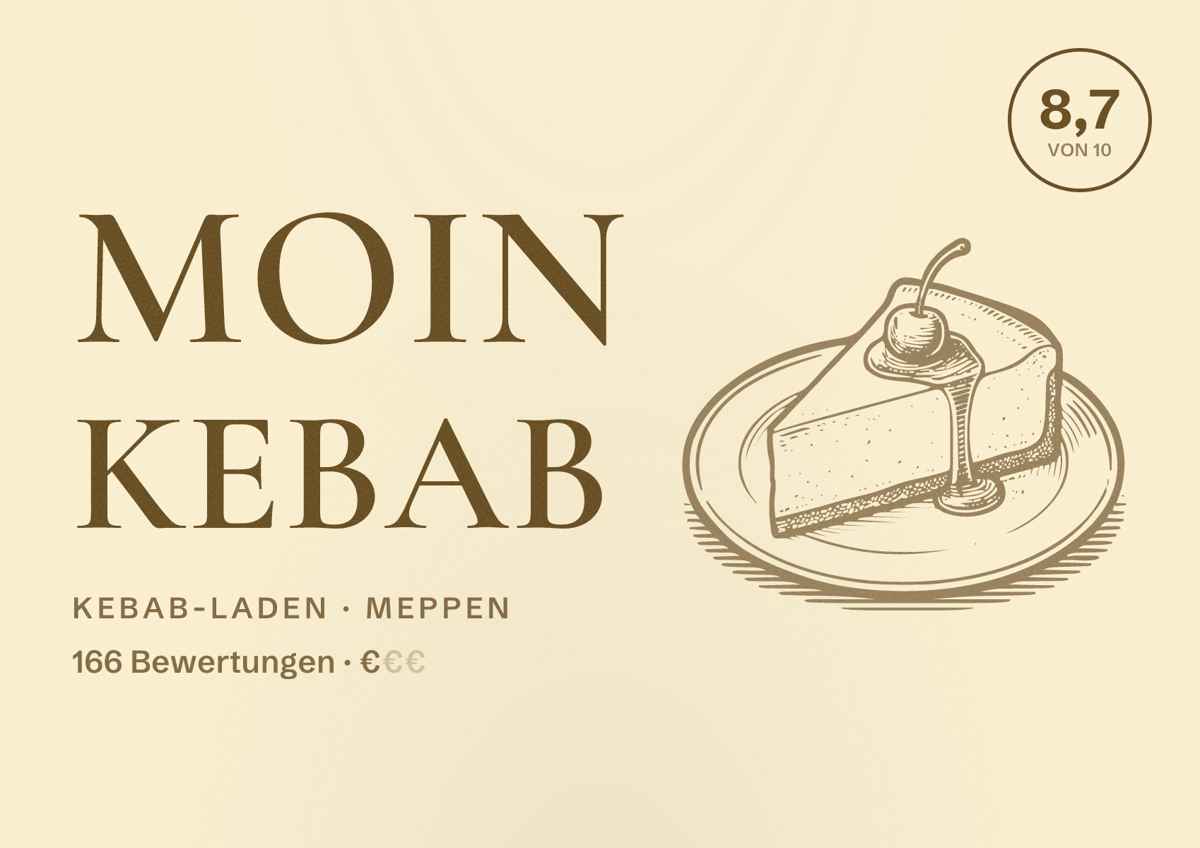 Illustriertes Poster von Moin Kebab, Kebab-Laden in Meppen: Bewertung 8,7 von 10 aus 166 Bewertungen, Preisniveau €