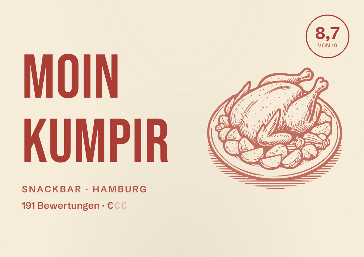 Illustriertes Poster von Moin Kumpir, Snackbar in Hamburg: Bewertung 8,7 von 10 aus 191 Bewertungen, Preisniveau €