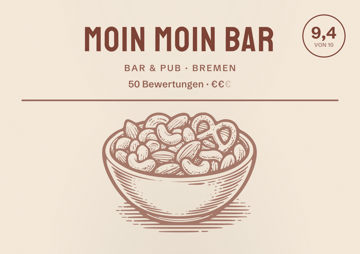 Illustriertes Poster von Moin Moin Bar, Bar & Pub in Bremen: Bewertung 9,4 von 10 aus 50 Bewertungen, Preisniveau €€