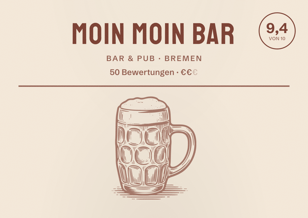 Illustriertes Poster von Moin Moin Bar, Bar & Pub in Bremen: Bewertung 9,4 von 10 aus 50 Bewertungen, Preisniveau €€