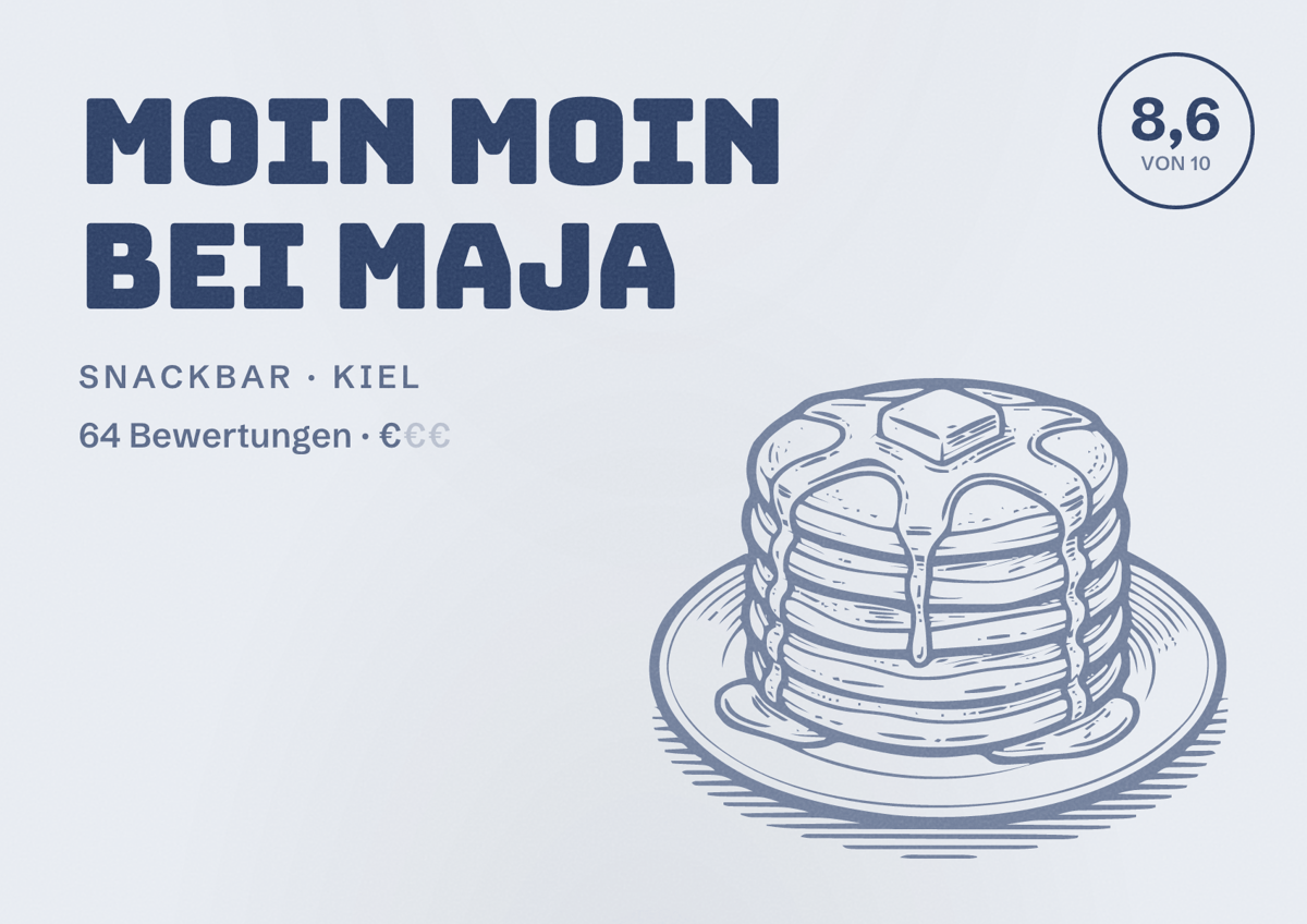 Illustriertes Poster von Moin Moin bei Maja, Snackbar in Kiel: Bewertung 8,6 von 10 aus 64 Bewertungen, Preisniveau €