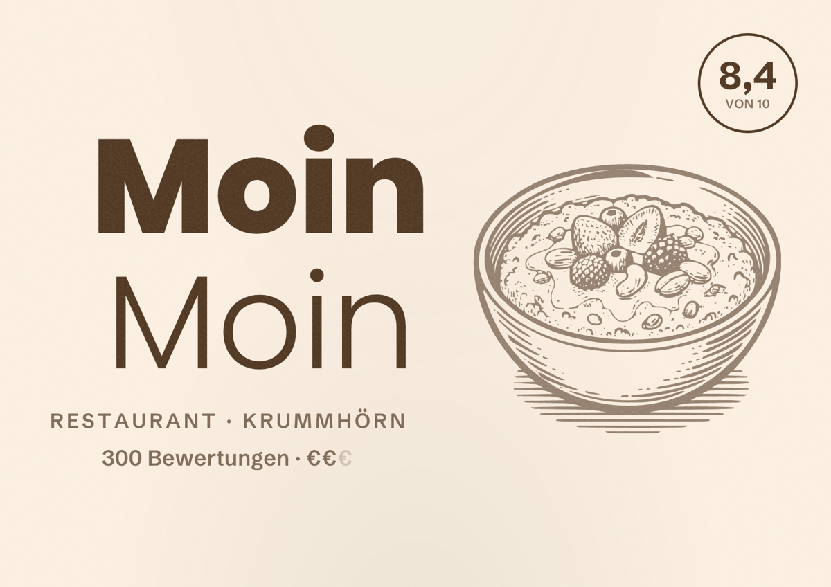 Illustriertes Poster von Moin Moin, Restaurant in Krummhörn: Bewertung 8,4 von 10 aus 300 Bewertungen, Preisniveau €€
