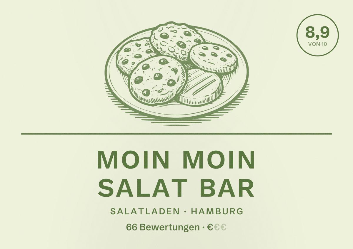 Illustriertes Poster von Moin Moin Salat Bar, Salatladen in Hamburg: Bewertung 8,9 von 10 aus 66 Bewertungen, Preisniveau €